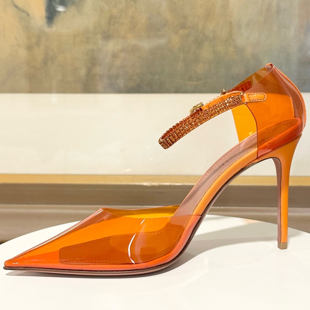 🌹AMINA MUADDI🌹Ursina Crystal-embellished Pvc Leather Pumps In Orange Size: 37 - Picture 9 of 13